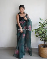 Light Flower Dark  Green  Pure Organza Saree